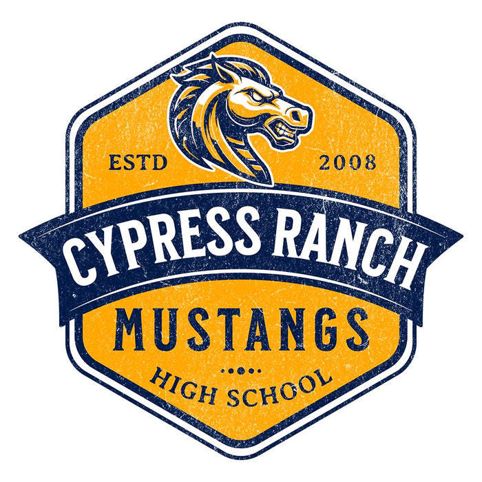 Close-up view of Cypress Ranch High School Mustangs Unisex 3/4 sleeve Raglan T-shirt 210