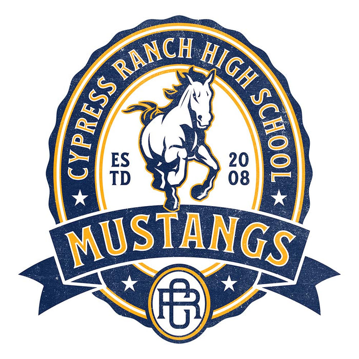 Close-up view of Cypress Ranch High School Mustangs Unisex 3/4 sleeve Raglan T-shirt 213