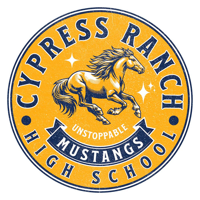 Close-up view of Cypress Ranch High School Mustangs Unisex 3/4 sleeve Raglan T-shirt 216