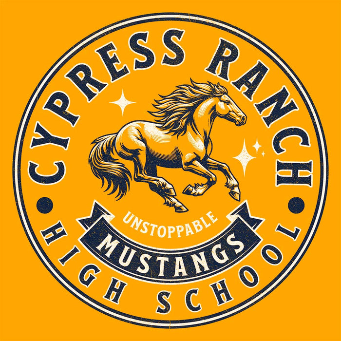 Close-up view of Cypress Ranch High School Mustangs Gold Premium Unisex T-shirt 216