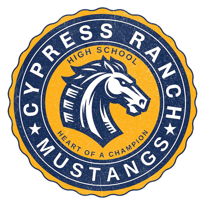 Close-up view of Cypress Ranch High School Mustangs Unisex 3/4 sleeve Raglan T-shirt 218