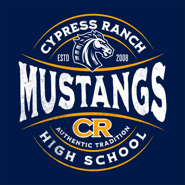 Close-up view of Cypress Ranch High School Mustangs Navy Premium Unisex T-shirt 219