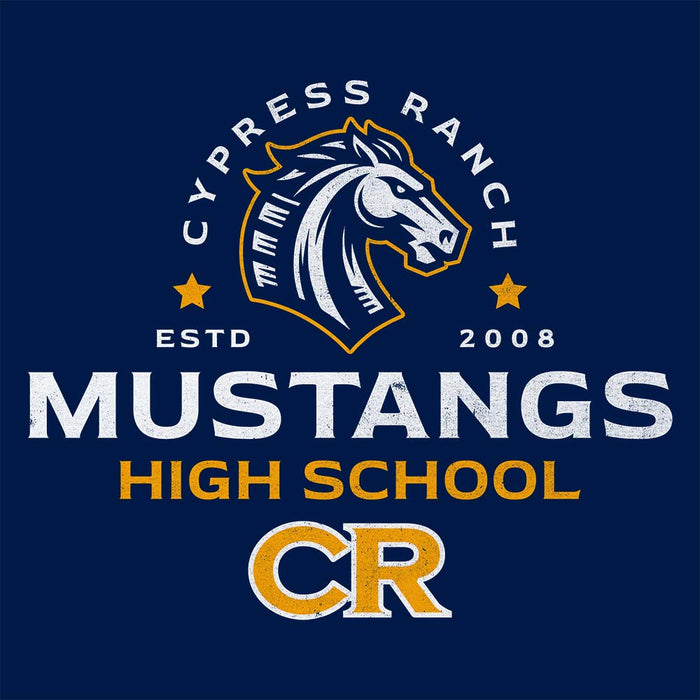 Close-up view of Cypress Ranch High School Mustangs Navy Premium Unisex T-shirt 221