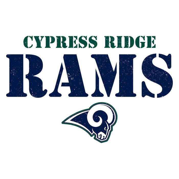 Close-up view of Cypress Ridge High School Rams Unisex 3/4 sleeve Raglan T-shirt 017