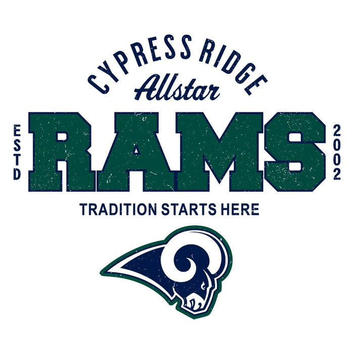 Close-up view of Cypress Ridge High School Rams Unisex 3/4 sleeve Raglan T-shirt 040