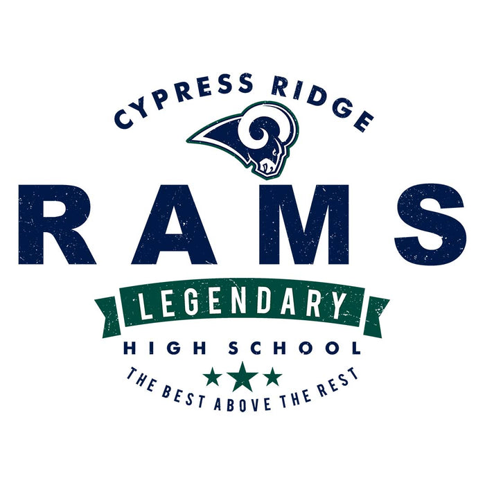 Close-up view of Cypress Ridge High School Rams Unisex 3/4 sleeve Raglan T-shirt 044