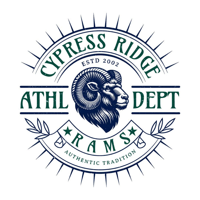 Close-up view of Cypress Ridge High School Rams Unisex 3/4 sleeve Raglan T-shirt 201