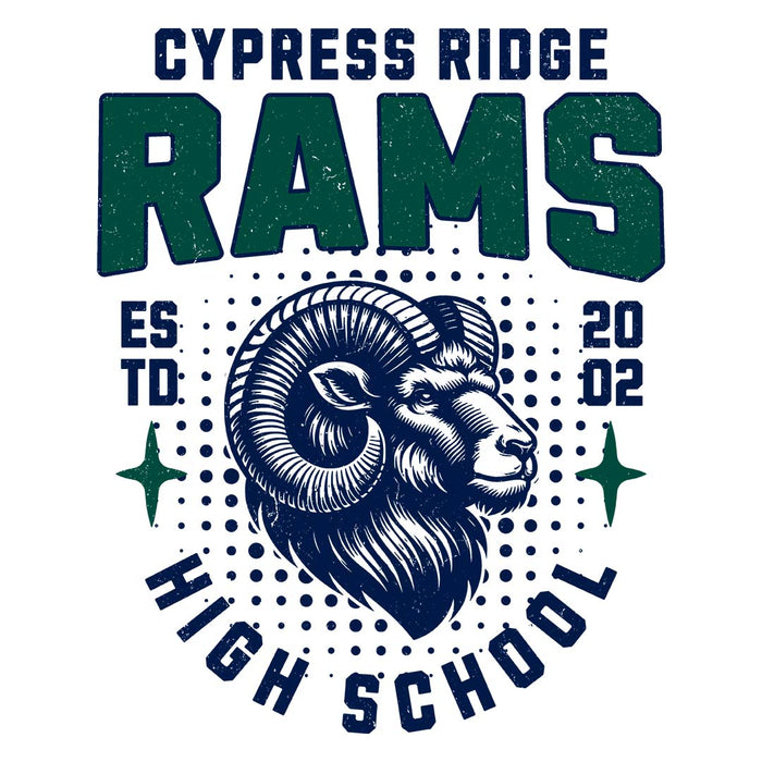 Close-up view of Cypress Ridge High School Rams Unisex 3/4 sleeve Raglan T-shirt 204