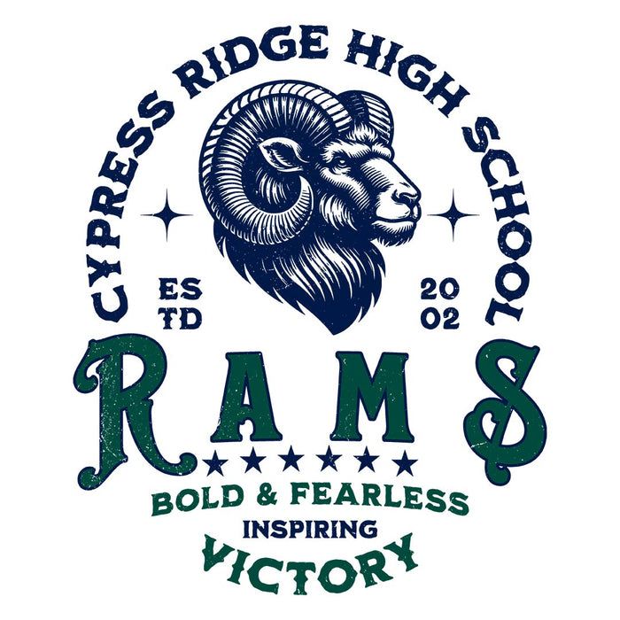 Close-up view of Cypress Ridge High School Rams Unisex 3/4 sleeve Raglan T-shirt 206