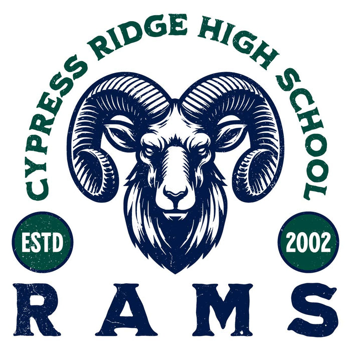 Close-up view of Cypress Ridge High School Rams Unisex 3/4 sleeve Raglan T-shirt 208