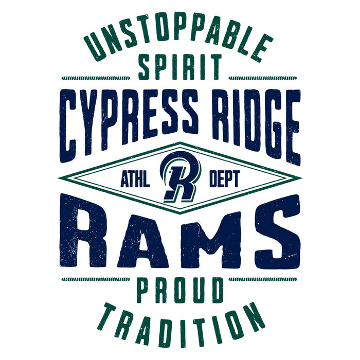 Close-up view of Cypress Ridge High School Rams Unisex 3/4 sleeve Raglan T-shirt 210