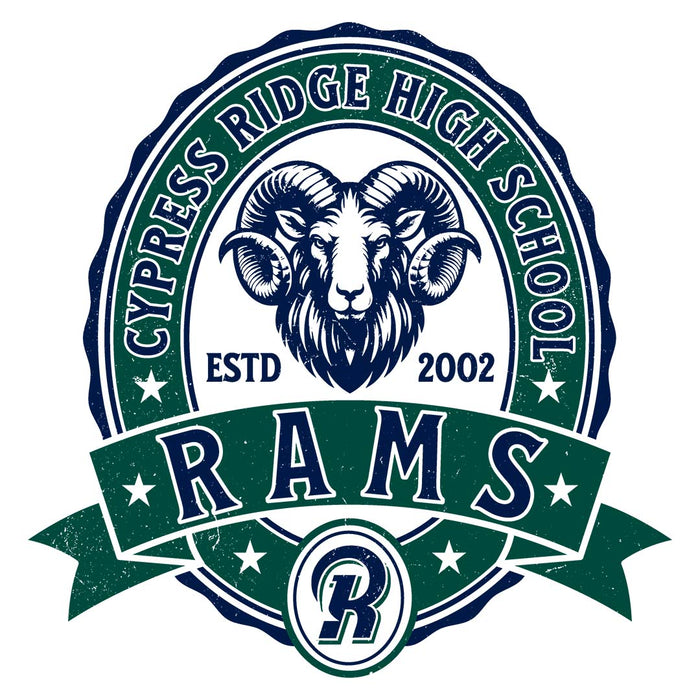 Close-up view of Cypress Ridge High School Rams Unisex 3/4 sleeve Raglan T-shirt 212
