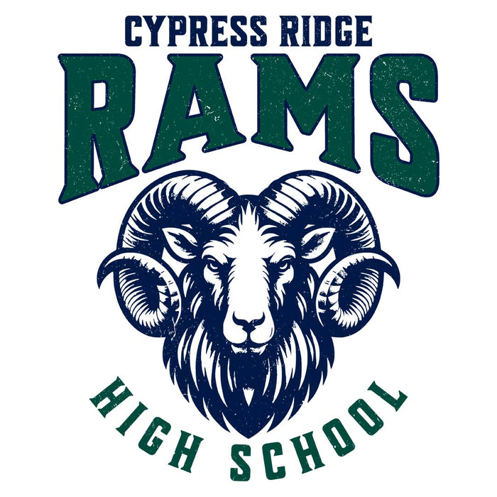 Close-up view of Cypress Ridge High School Rams Unisex 3/4 sleeve Raglan T-shirt 213