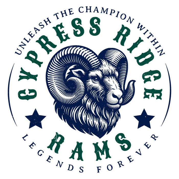 Close-up view of Cypress Ridge High School Rams Unisex 3/4 sleeve Raglan T-shirt 214