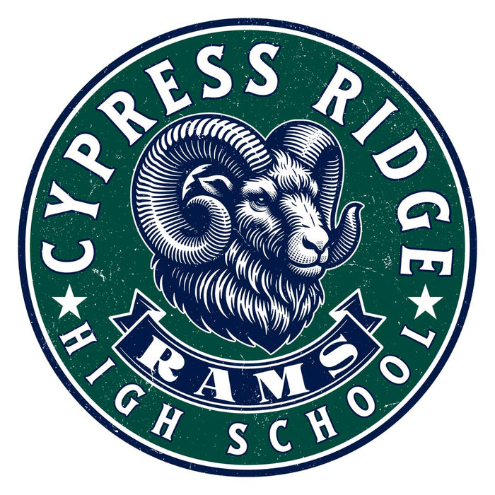 Close-up view of Cypress Ridge High School Rams Unisex 3/4 sleeve Raglan T-shirt 215