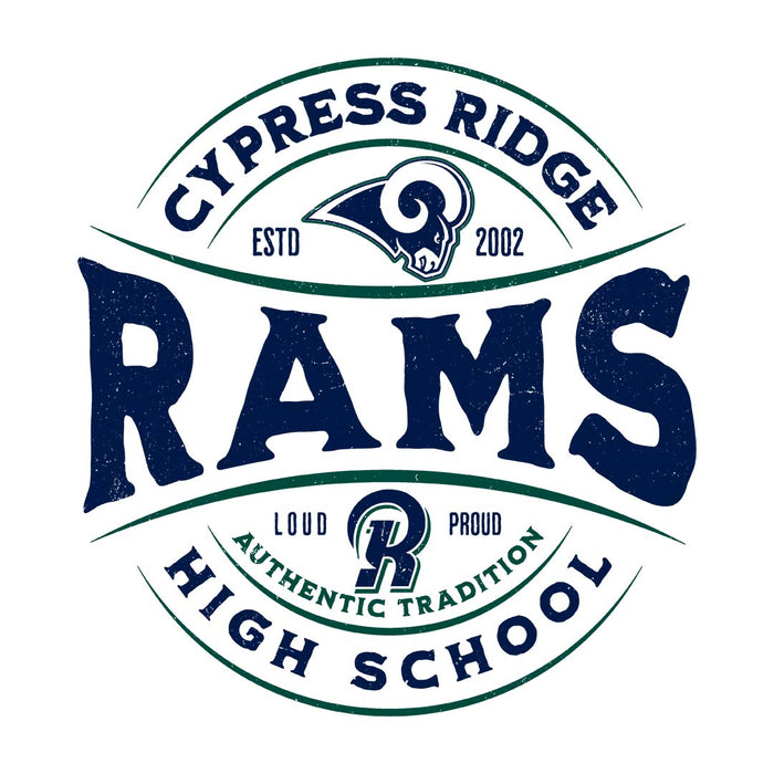 Close-up view of Cypress Ridge High School Rams Unisex 3/4 sleeve Raglan T-shirt 218