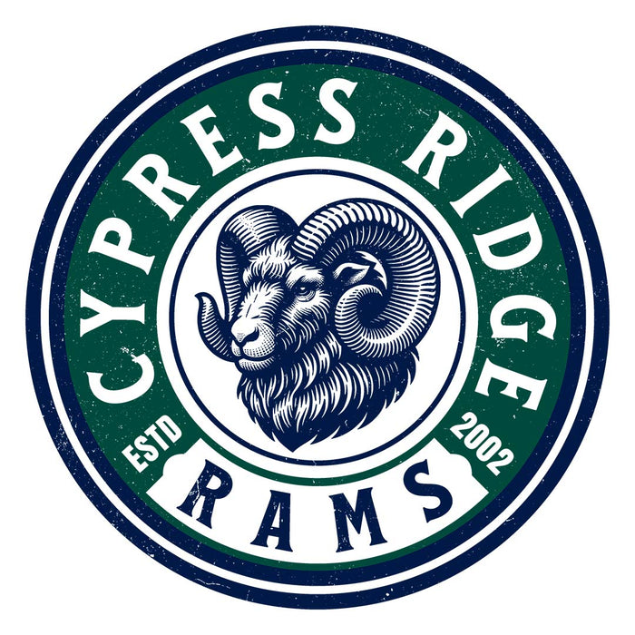 Close-up view of Cypress Ridge High School Rams Unisex 3/4 sleeve Raglan T-shirt 220