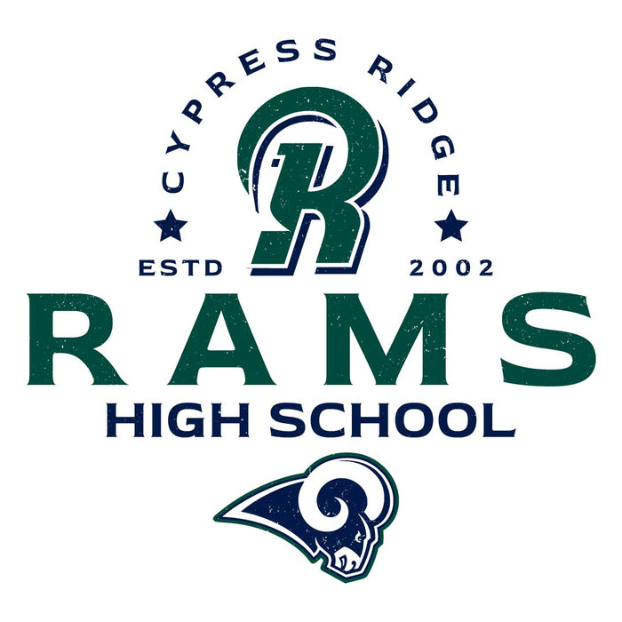 Close-up view of Cypress Ridge High School Rams Unisex 3/4 sleeve Raglan T-shirt 222
