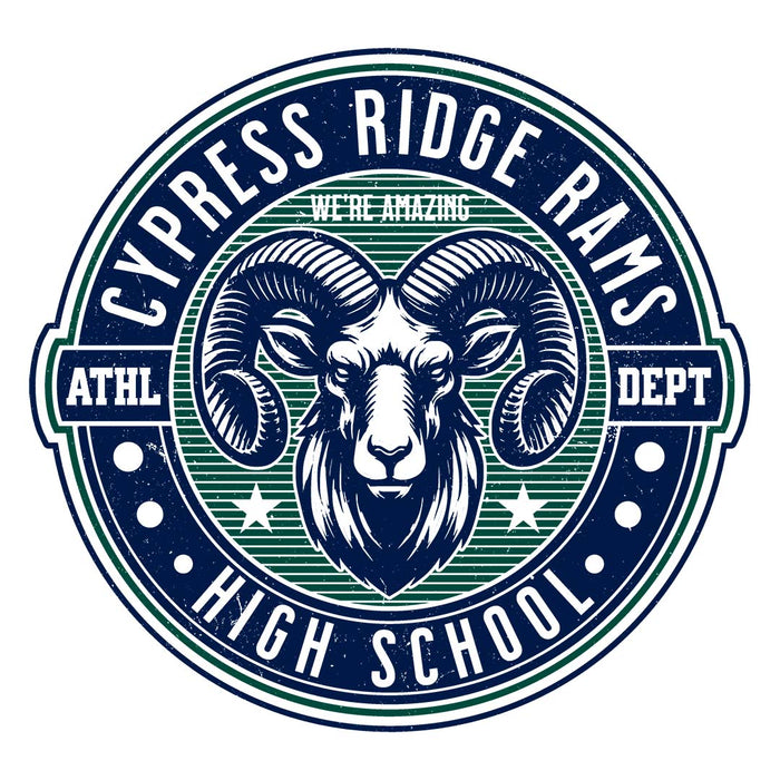 Close-up view of Cypress Ridge High School Rams Unisex 3/4 sleeve Raglan T-shirt 224