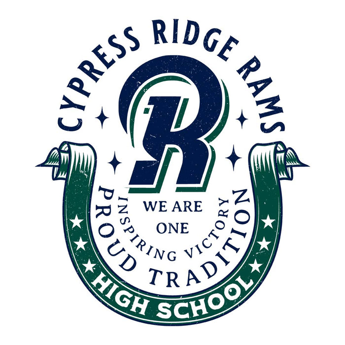 Close-up view of Cypress Ridge High School Rams Unisex 3/4 sleeve Raglan T-shirt 229