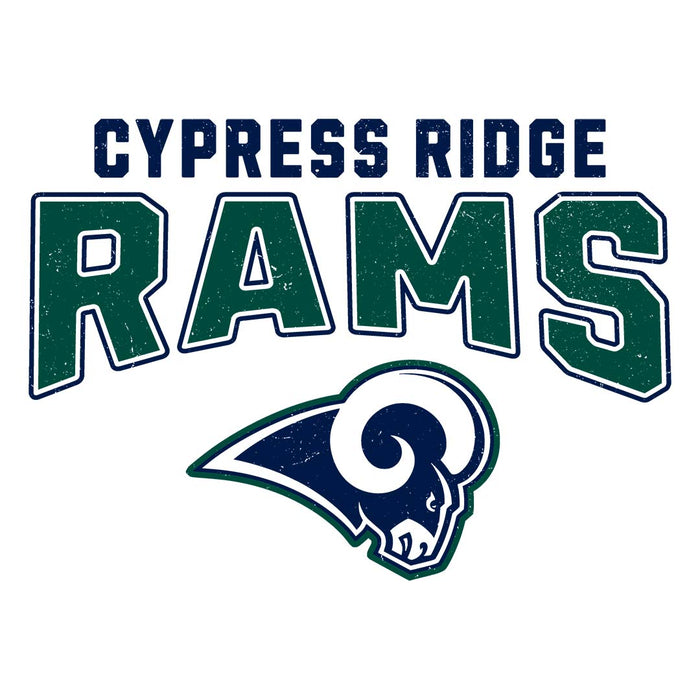 Close-up view of Cypress Ridge High School Rams Unisex 3/4 sleeve Raglan T-shirt 234