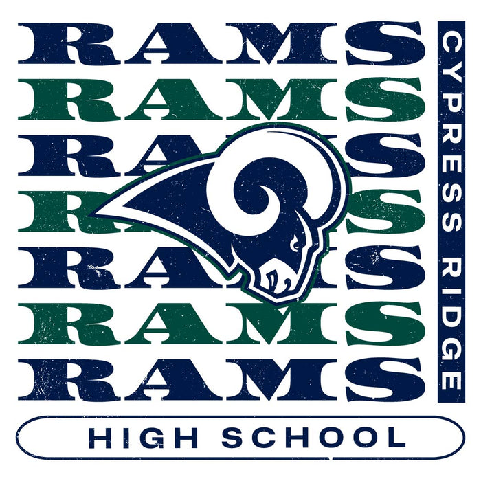 Close-up view of Cypress Ridge High School Rams Unisex 3/4 sleeve Raglan T-shirt 235