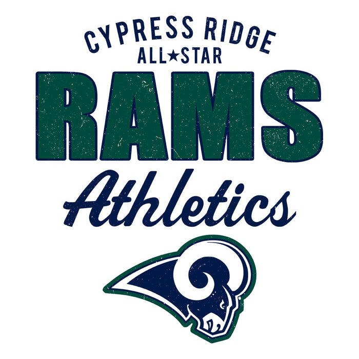 Close-up view of Cypress Ridge High School Rams Unisex 3/4 sleeve Raglan T-shirt 034