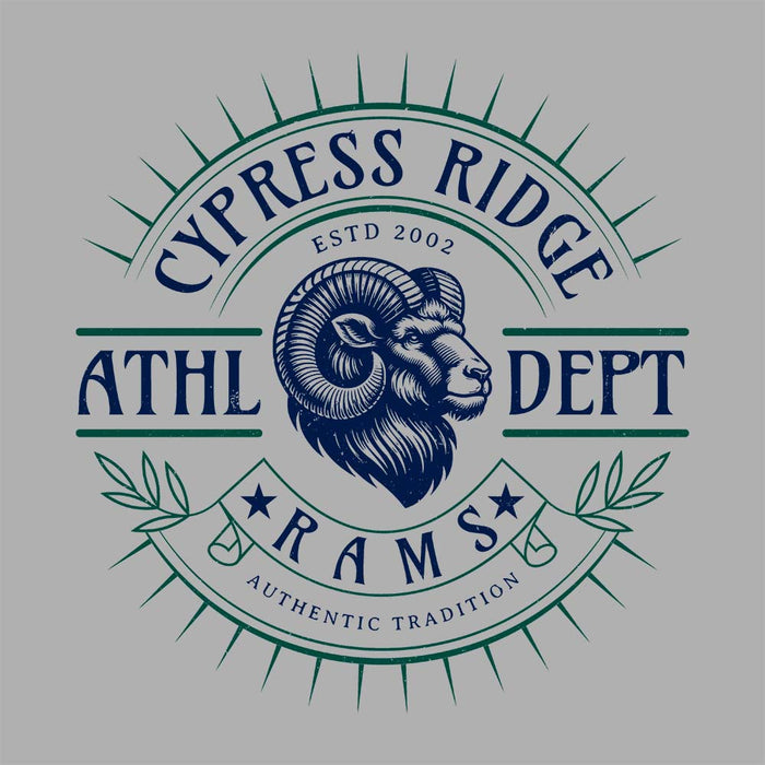 Close-up view of Cypress Ridge High School Rams Athletic Heather Premium Unisex T-shirt 201