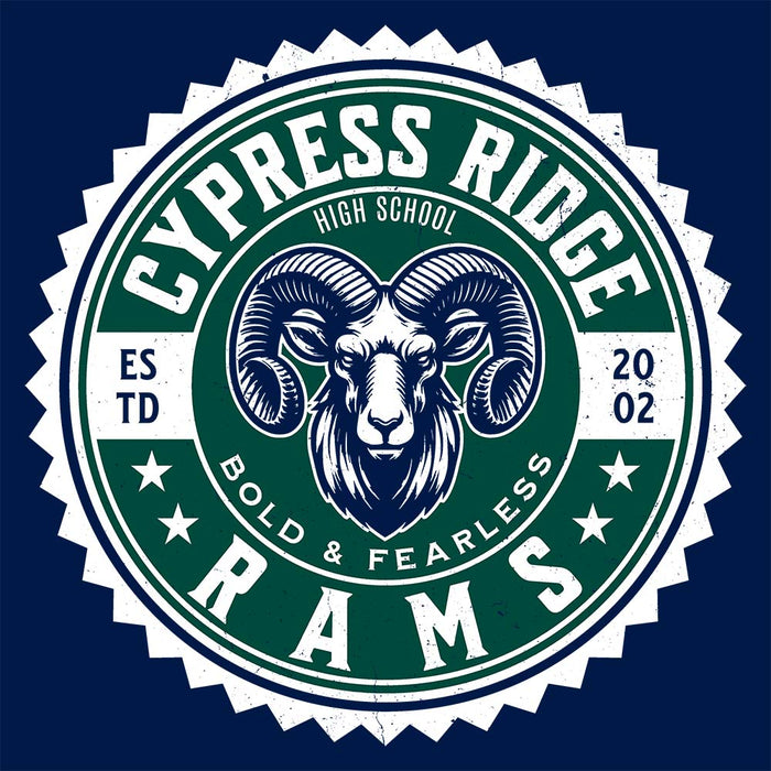 Close-up view of Cypress Ridge High School Rams Navy Classic Unisex Hoodie 203