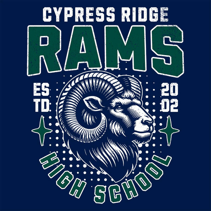 Close-up view of Cypress Ridge High School Rams Navy Classic Unisex Hoodie 204