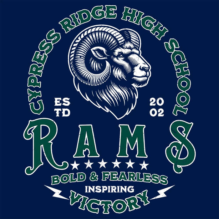 Close-up view of Cypress Ridge High School Rams Navy Classic Unisex Hoodie 206