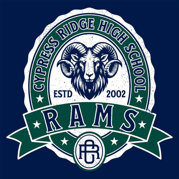 Close-up view of Cypress Ridge High School Rams Navy Premium Unisex Hoodie 212