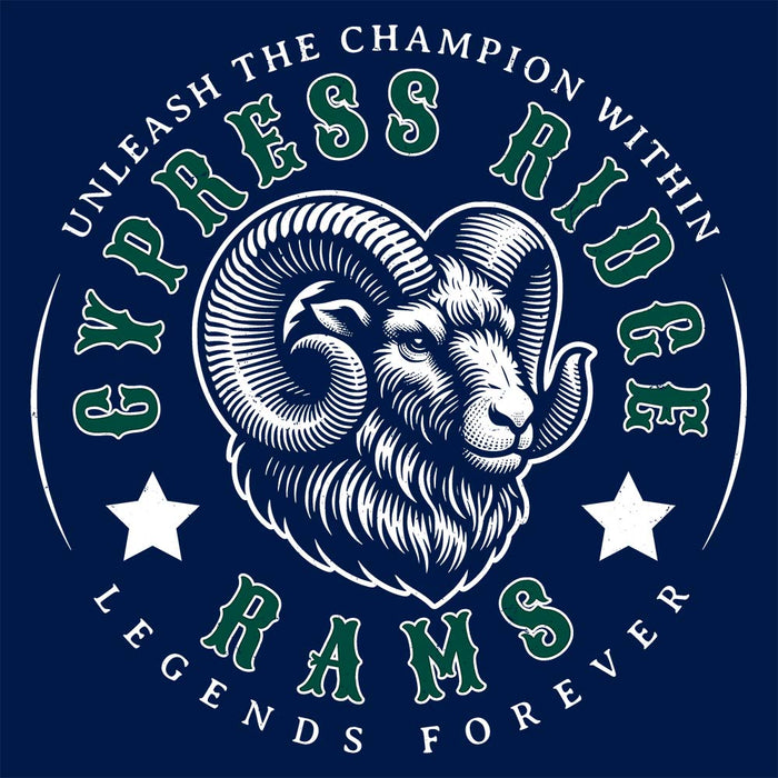 Close-up view of Cypress Ridge High School Rams Navy Premium Unisex T-shirt 214