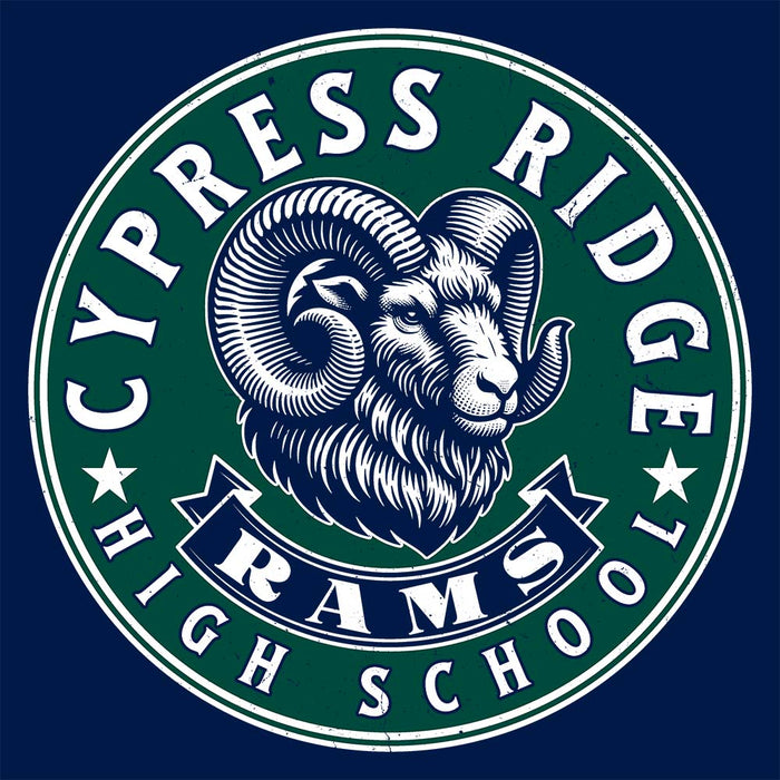 Close-up view of Cypress Ridge High School Rams Navy Classic Unisex Hoodie 215