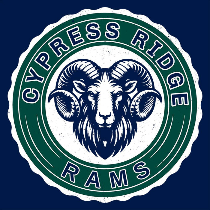 Close-up view of Cypress Ridge High School Rams Navy Classic Unisex Hoodie 216