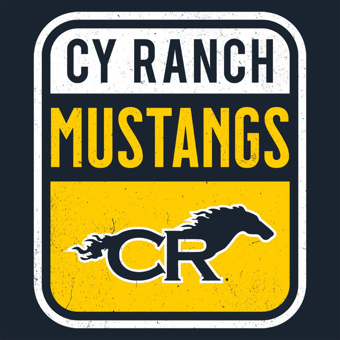 Close-up view of Cypress Ranch High School Mustangs Women's Navy T-shirt 001