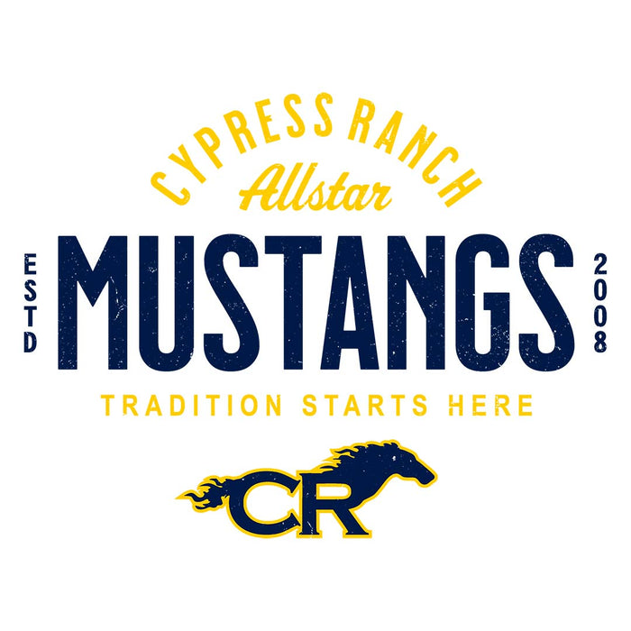 Close-up view of Cypress Ranch High School Mustangs Unisex 3/4 sleeve Raglan T-shirt 040