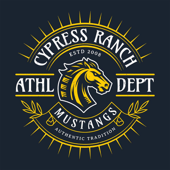 Close-up view of Cypress Ranch High School Mustangs Women's Navy T-shirt 201