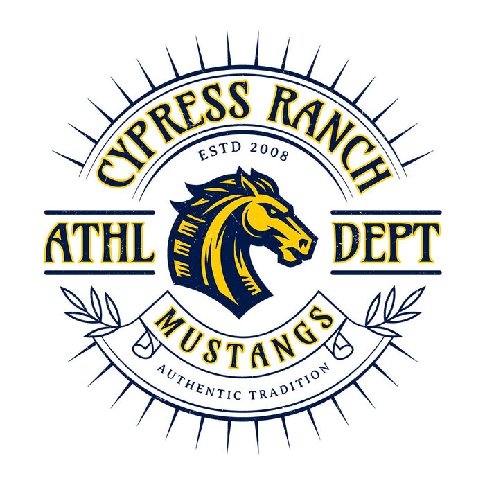 Close-up view of Cypress Ranch High School Mustangs Unisex 3/4 sleeve Raglan T-shirt 201