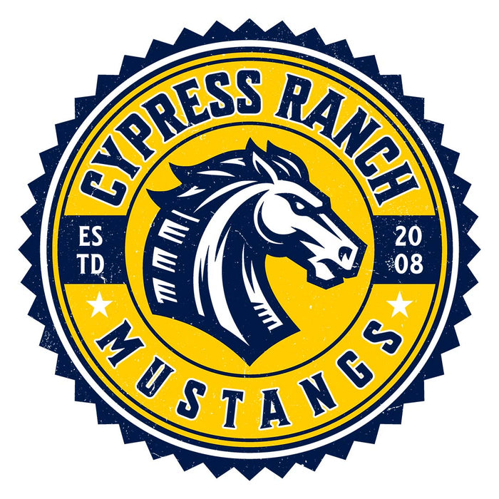 Close-up view of Cypress Ranch High School Mustangs Unisex 3/4 sleeve Raglan T-shirt 203