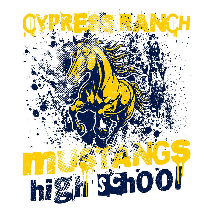 Close-up view of Cypress Ranch High School Mustangs Unisex 3/4 sleeve Raglan T-shirt 205