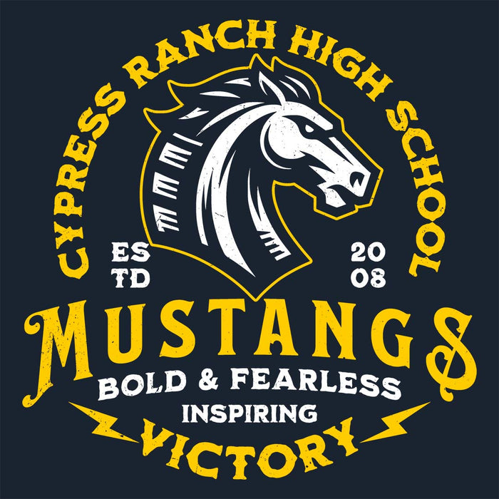 Close-up view of Cypress Ranch High School Mustangs Women's Navy T-shirt 206