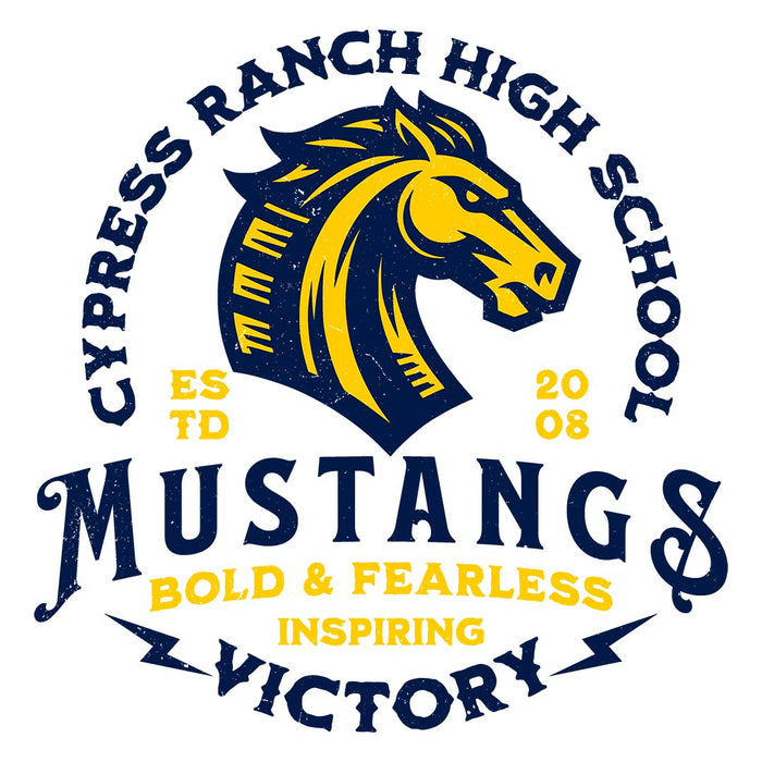 Close-up view of Cypress Ranch High School Mustangs Unisex 3/4 sleeve Raglan T-shirt 206