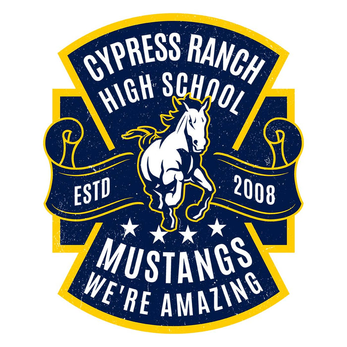 Close-up view of Cypress Ranch High School Mustangs Unisex 3/4 sleeve Raglan T-shirt 207