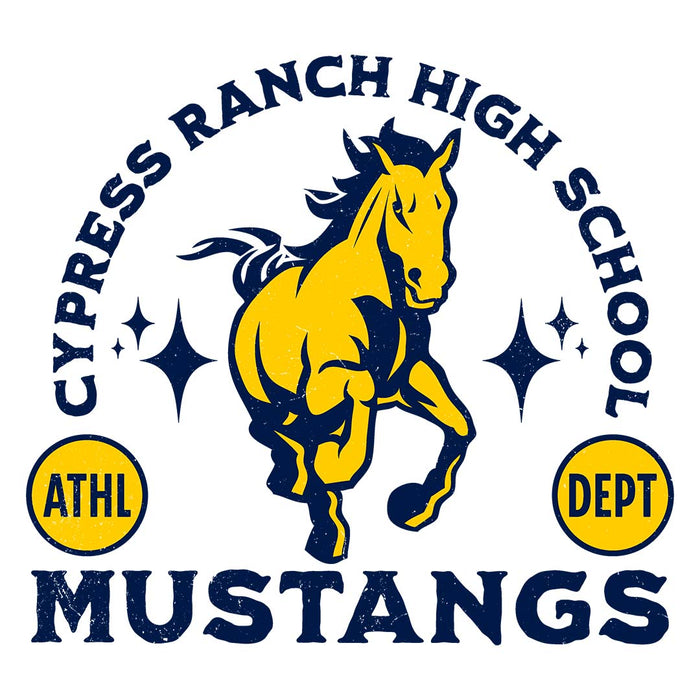 Close-up view of Cypress Ranch High School Mustangs Unisex 3/4 sleeve Raglan T-shirt 208