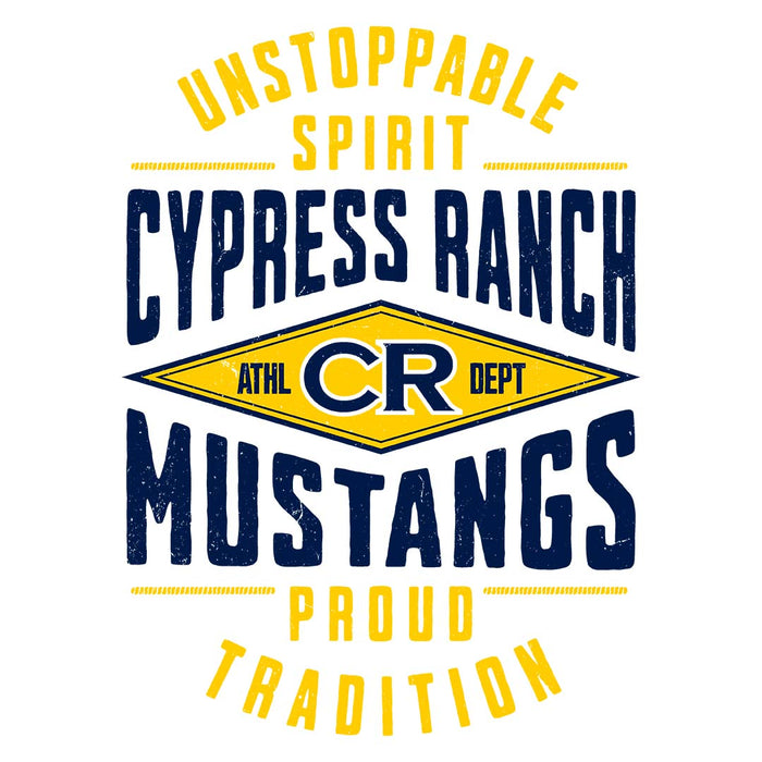 Close-up view of Cypress Ranch High School Mustangs Unisex 3/4 sleeve Raglan T-shirt 210