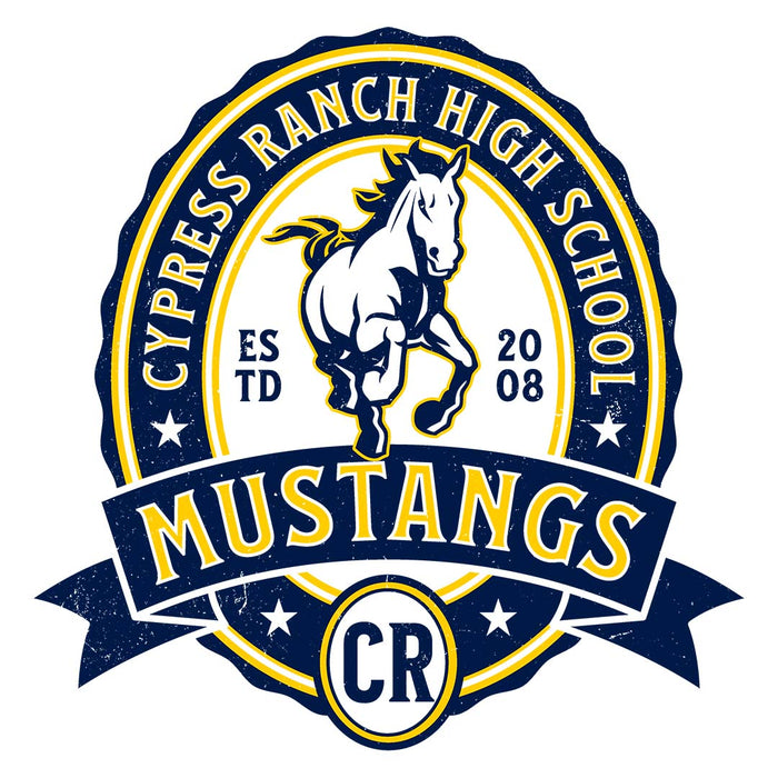 Close-up view of Cypress Ranch High School Mustangs Unisex 3/4 sleeve Raglan T-shirt 212
