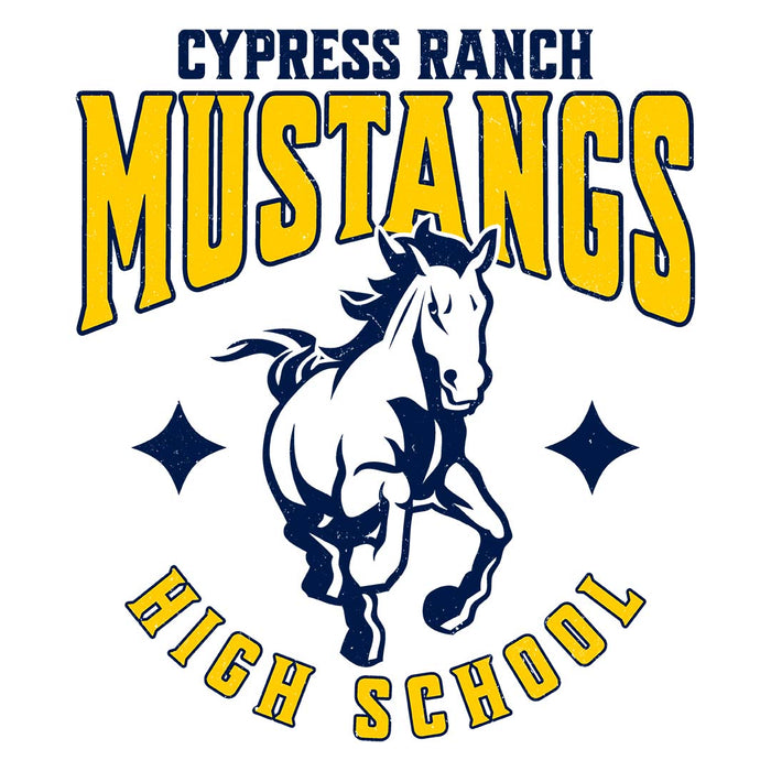 Close-up view of Cypress Ranch High School Mustangs Unisex 3/4 sleeve Raglan T-shirt 213