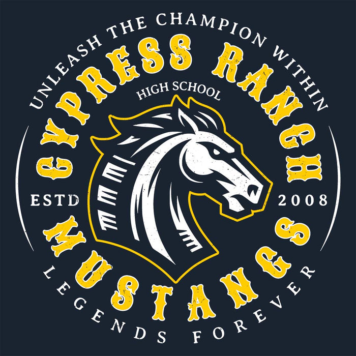Close-up view of Cypress Ranch High School Mustangs Women's Navy T-shirt 214