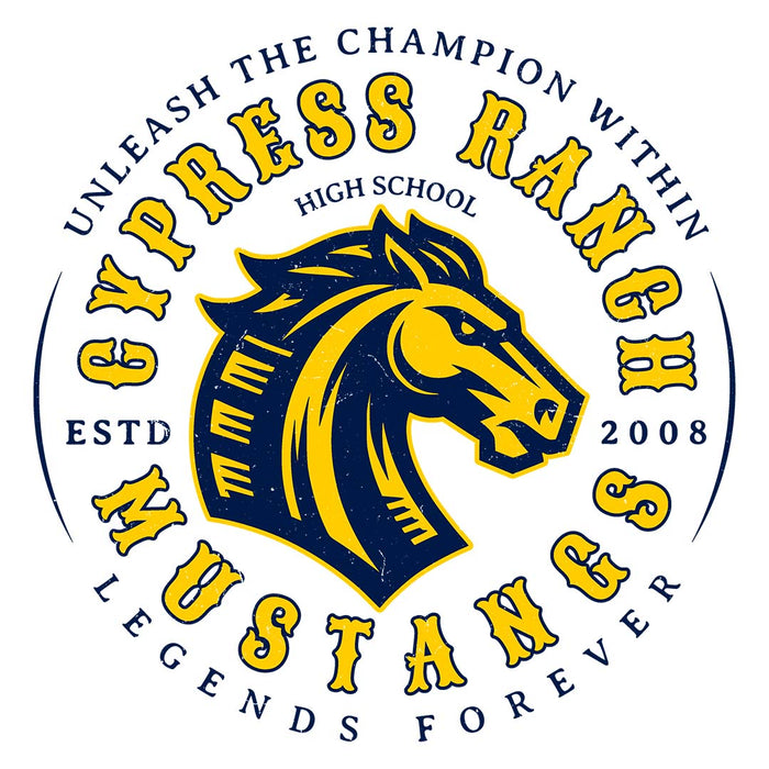Close-up view of Cypress Ranch High School Mustangs Unisex 3/4 sleeve Raglan T-shirt 214